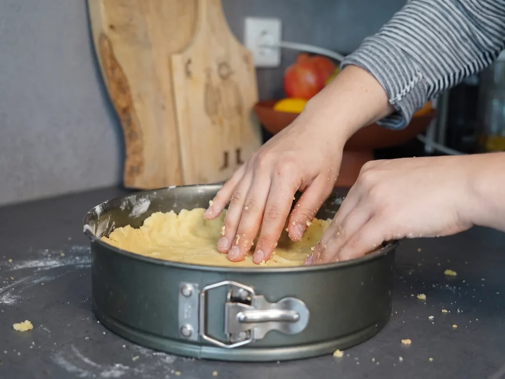 Hände beim Backen eines Rhabarberkuchens mit Baiserhaube.