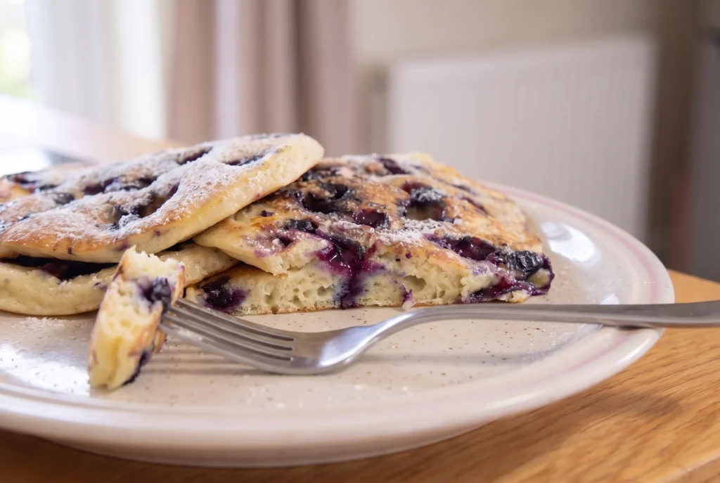 Frischer Heidelbeer-Kuchen mit Puderzucker auf einem weißen Teller.
