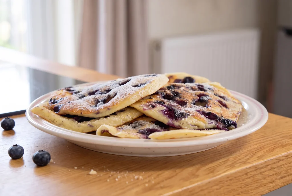 Frische Heidelbeer-Pfannkuchen auf einem Teller mit Beeren im Hintergrund.